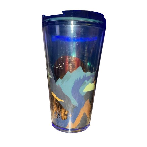 Starbucks Plastic Travel Tumbler Mug Cup Forest Mountains Sunset 2022 16 Oz - Picture 1 of 8